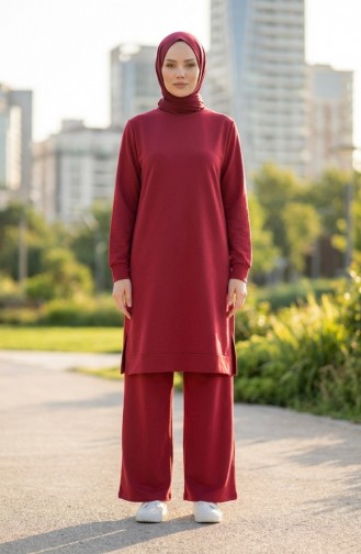 Tracksuit Set With Slit Detail 3083-08 Burgundy 3083-08