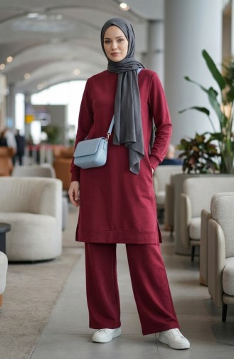 Tracksuit Set With Slit Detail 3083-08 Burgundy 3083-08