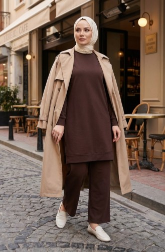 طقم رياضي بفتحة جانبية 3083-12 بني 3083-12