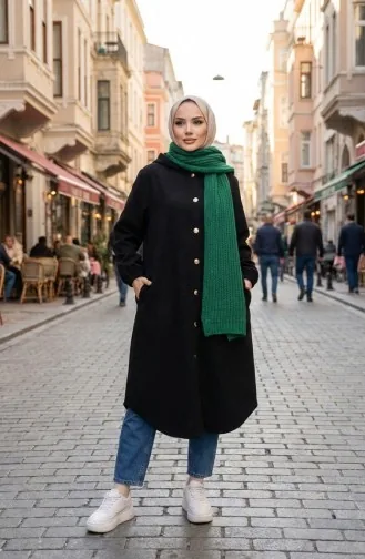 معطف كشمير بغطاء رأس وأزرار أمامية 0188-01 أسود 0188-01