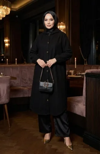 معطف كشمير بغطاء رأس وأزرار أمامية 0188-01 أسود 0188-01