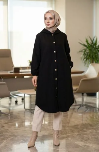 معطف كشمير بغطاء رأس وأزرار أمامية 0188-01 أسود 0188-01