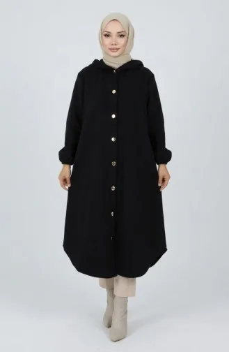 معطف كشمير بغطاء رأس وأزرار أمامية 0188-01 أسود 0188-01
