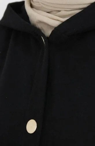 معطف كشمير بغطاء رأس وأزرار أمامية 0188-01 أسود 0188-01