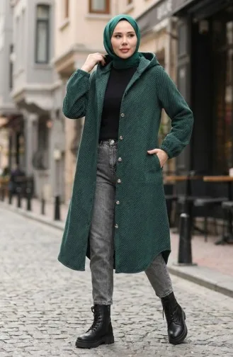 Hooded Buttoned Cashmere Coat 0201-07 Emerald Green 0201-07
