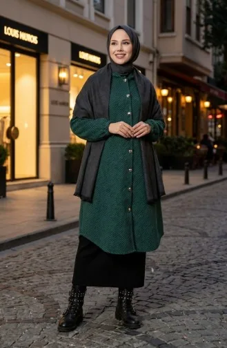 Hooded Buttoned Cashmere Coat 0201-07 Emerald Green 0201-07