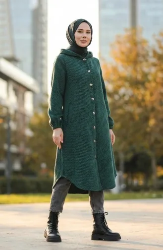 Hooded Buttoned Cashmere Coat 0201-07 Emerald Green 0201-07