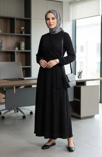 بورومجوك - فستان قماش برباط على الجانب 1033-02 لون أسود 1033-02