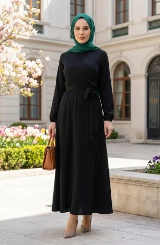 بورومجوك - فستان قماش برباط على الجانب 1033-02 لون أسود 1033-02