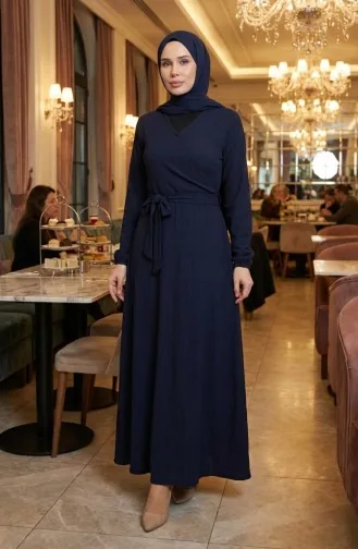 بورومجوك - فستان قماش برباط على الجانب 1033-03 لون كحلي 1033-03