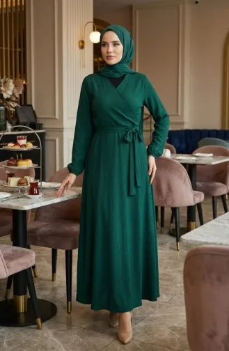 Bürümcük Kumaş Yandan Bağlamalı Elbise 1033-04 Zümrüt Yeşili