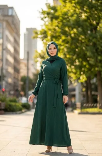 Bürümcük Kumaş Yandan Bağlamalı Elbise 1033-04 Zümrüt Yeşili
