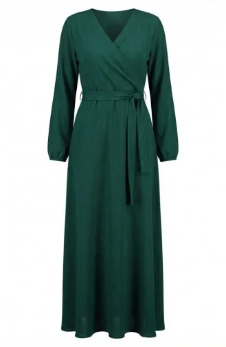 Bürümcük Kumaş Yandan Bağlamalı Elbise 1033-04 Zümrüt Yeşili