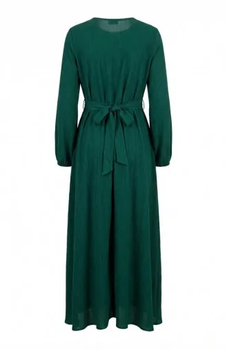 Bürümcük Kumaş Yandan Bağlamalı Elbise 1033-04 Zümrüt Yeşili