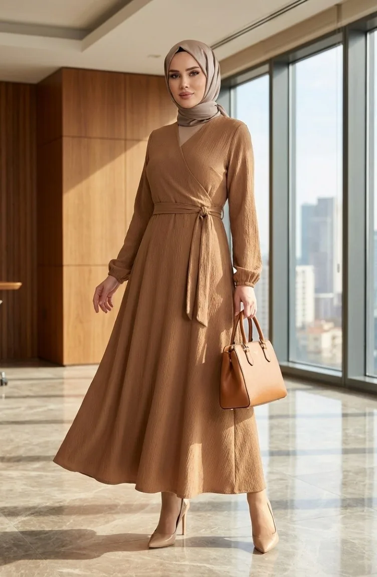 Bürümcük Stoffkleid Mit Seitlichem Bindeband 1033-05 Milchkaffee 1033-05
