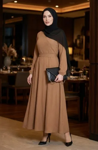 Bürümcük Stoffkleid Mit Seitlichem Bindeband 1033-05 Milchkaffee 1033-05
