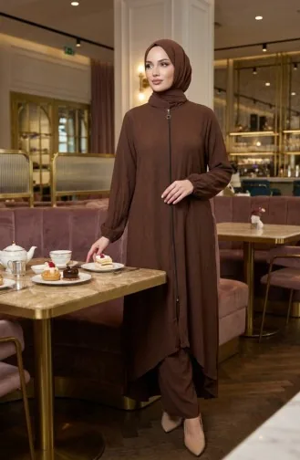 تونيك بسحاب أمامي بقصة غير متماثلة 1047-05 بني 1047-05