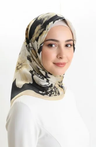 وشاح كهرماني منقوش 70325-09 أسود خردلي فاتح 70325-09