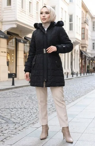 Veste à Capuche Grande Taille Avec Ceinture 6345-01 Noire 6345-01