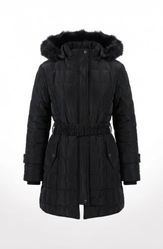 Veste à Capuche Grande Taille Avec Ceinture 6345-01 Noire 6345-01