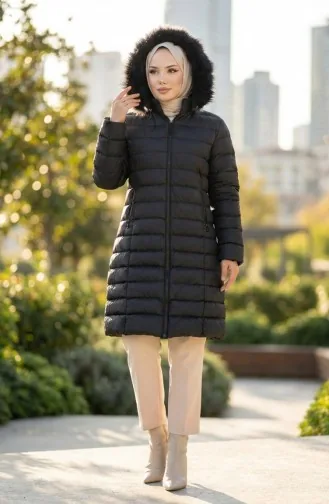 Kapüşonlu Fermuarlı Şişme Mont 0168-02 Siyah