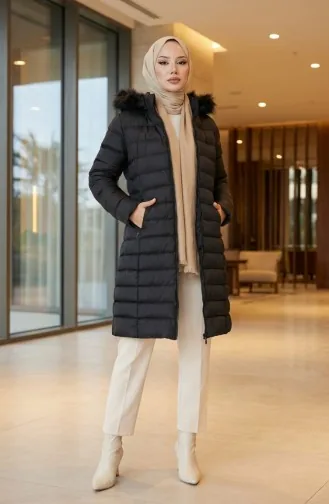 Kapüşonlu Fermuarlı Şişme Mont 0168-02 Siyah