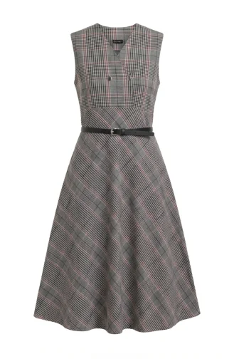 Mouwloze Jurk Met Ruitpatroon En Ceintuur 2223-01 Grijs 2223-01
