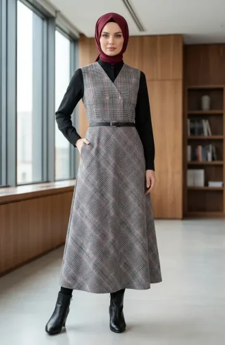 Ärmelloses Kleid Mit Karomuster Und Gürtel 2223-01 Grau 2223-01