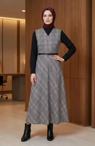 Ärmelloses Kleid Mit Karomuster Und Gürtel 2223-01 Grau 2223-01