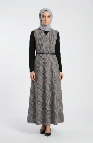 Ärmelloses Kleid Mit Karomuster Und Gürtel 2223-01 Grau 2223-01