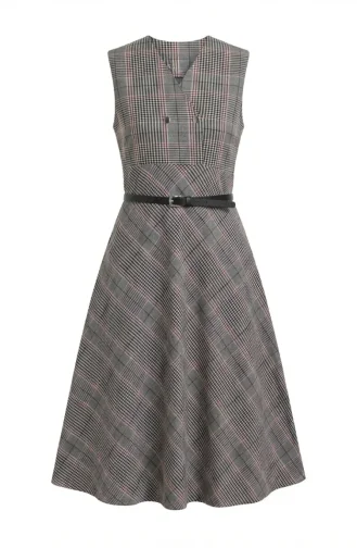 Ärmelloses Kleid Mit Karomuster Und Gürtel 2223-01 Grau 2223-01