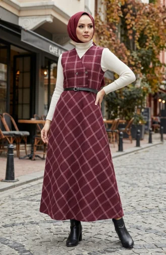 Plaid Patterned Belted Sleeveless Dress 2223-02 Burgundy 2223-02