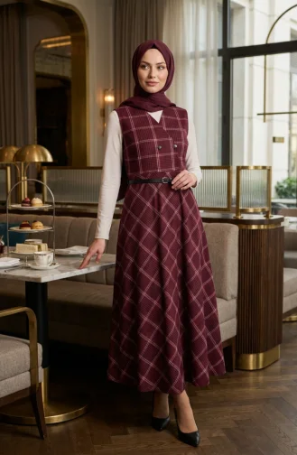 Plaid Patterned Belted Sleeveless Dress 2223-02 Burgundy 2223-02