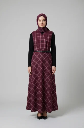Plaid Patterned Belted Sleeveless Dress 2223-02 Burgundy 2223-02