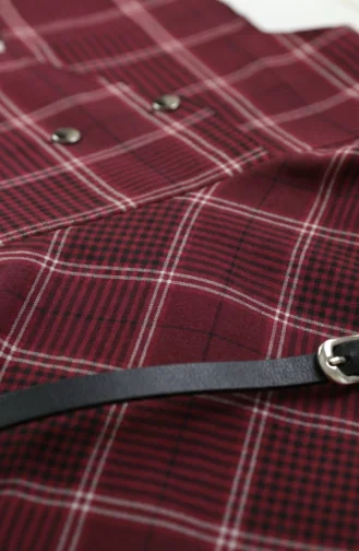 Plaid Patterned Belted Sleeveless Dress 2223-02 Burgundy 2223-02