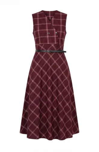 Plaid Patterned Belted Sleeveless Dress 2223-02 Burgundy 2223-02