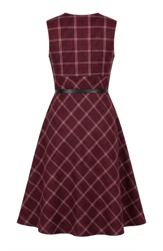 Plaid Patterned Belted Sleeveless Dress 2223-02 Burgundy 2223-02
