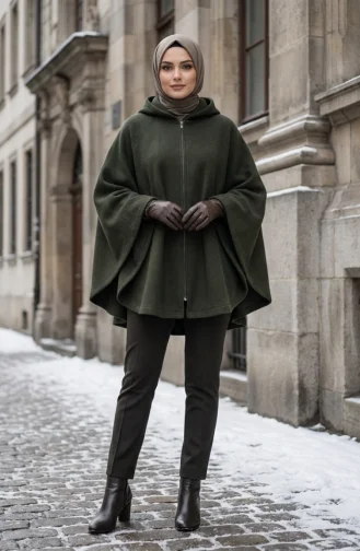 Winterponcho Aus Kaschmir Mit Kapuze Und Reißverschluss 0241-01 Khaki 0241-01