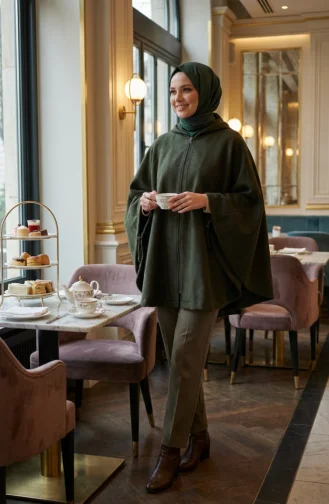 Winterponcho Aus Kaschmir Mit Kapuze Und Reißverschluss 0241-01 Khaki 0241-01