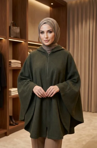 Winterponcho Aus Kaschmir Mit Kapuze Und Reißverschluss 0241-01 Khaki 0241-01