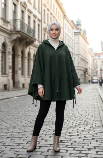 Winterponcho Aus Kaschmir Mit Kapuze Und Reißverschluss 0241-02 Grün 0241-02