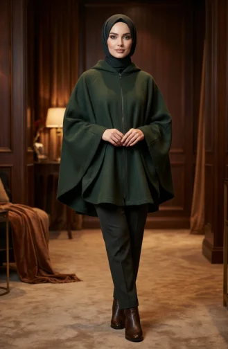 Winterponcho Aus Kaschmir Mit Kapuze Und Reißverschluss 0241-02 Grün 0241-02