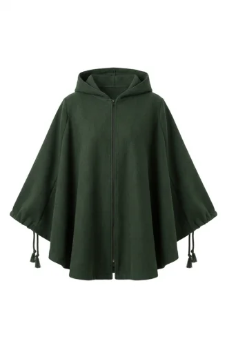 Winterponcho Aus Kaschmir Mit Kapuze Und Reißverschluss 0241-02 Grün 0241-02