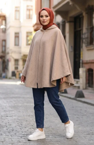 Winterponcho Aus Kaschmir Mit Kapuze Und Reißverschluss 0241-03 Nerz 0241-03