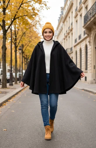 Winterponcho Aus Kaschmir Mit Kapuze Und Reißverschluss 0241-04 Schwarz 0241-04