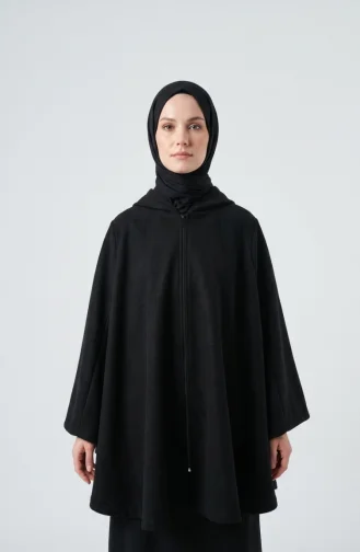 Winterponcho Aus Kaschmir Mit Kapuze Und Reißverschluss 0241-04 Schwarz 0241-04