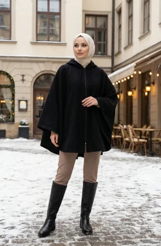 Winterponcho Aus Kaschmir Mit Kapuze Und Reißverschluss 0241-04 Schwarz 0241-04