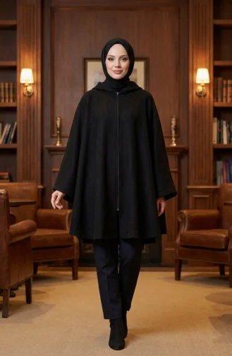 Winterponcho Aus Kaschmir Mit Kapuze Und Reißverschluss 0241-04 Schwarz 0241-04