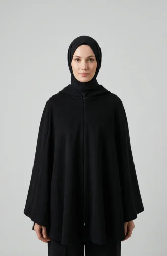 Winterponcho Aus Kaschmir Mit Kapuze Und Reißverschluss 0241-04 Schwarz 0241-04