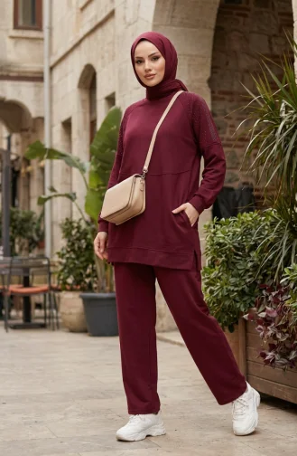 Oysho Fabric Two-Piece Set With Shoulder Stone Embellishment 0240-01 Burgundy 0240-01